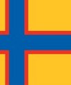 The Ingrian flag. yellow background with a blue cross with a line outline of red around the cross