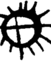 a black drawn symbol with a circle in the center with lines going through it from different directions.