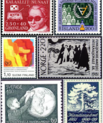A collage of colourful historic, Nordic stamps.