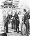 Drawing of Bjørnestjerne Bjørnson receiving a Nobel prize. In the background, there are people.